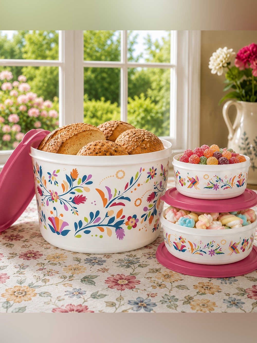 Tupperware Colorful Floral Nesting Storage Set – Pink Lids – 3 Pc